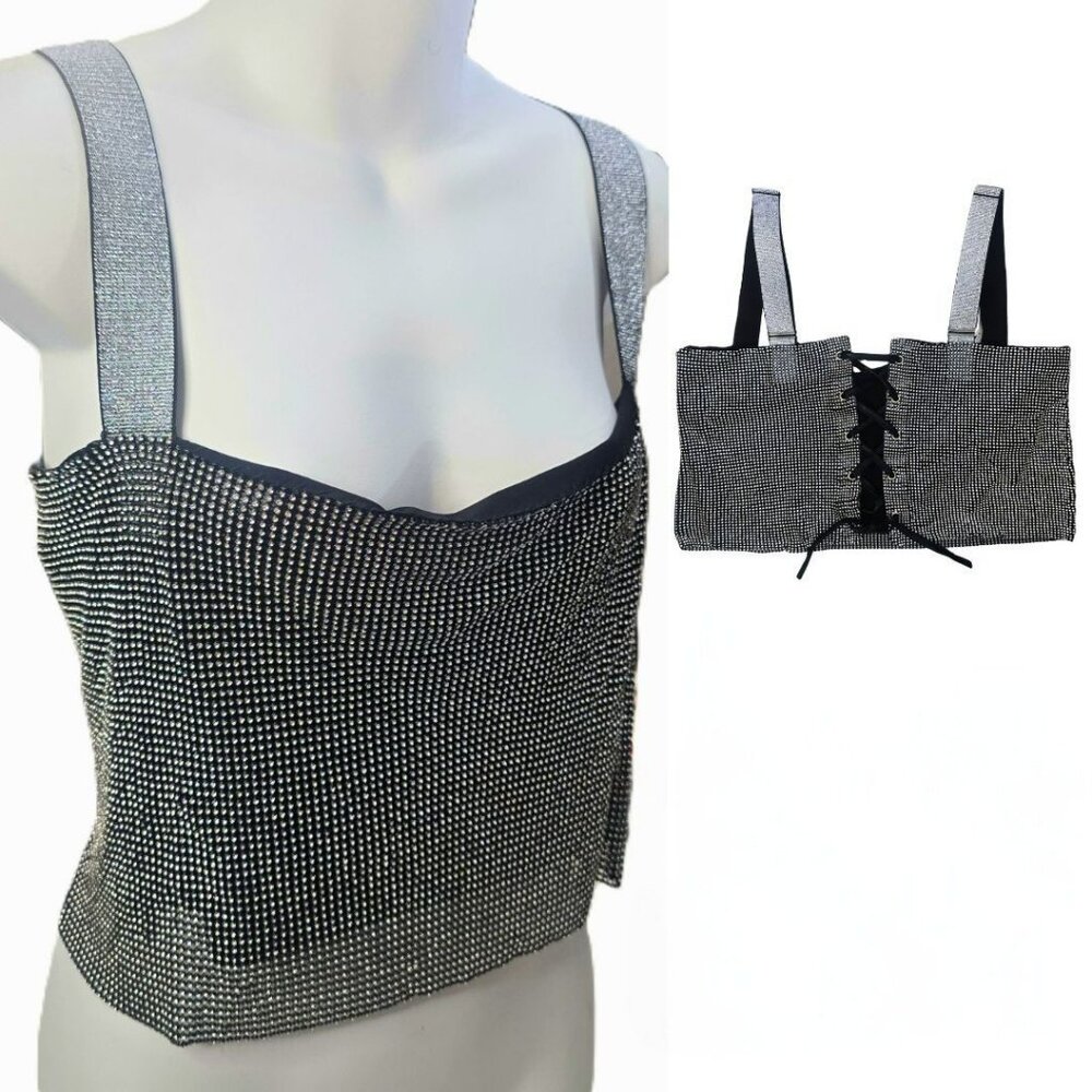 Rhinestone Crop Tank Top Womens M Silver Crystal Mesh Lace Up Back Clubwear - Picture 2 of 8